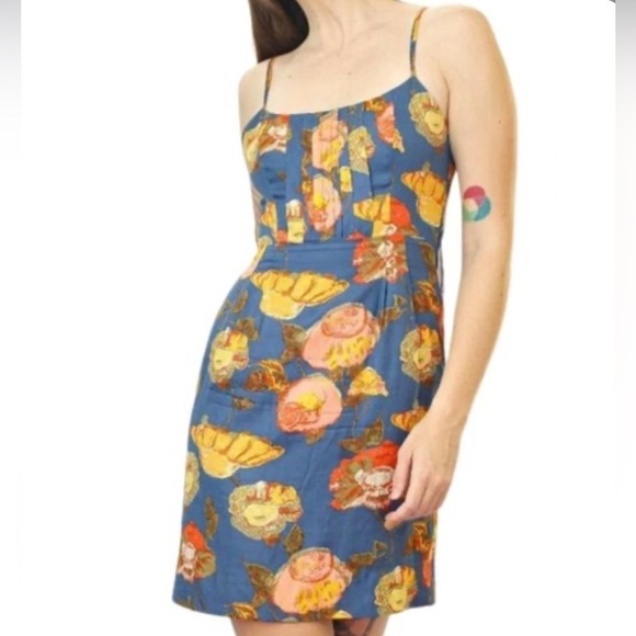 Anthropologie Maeve Floral Poppy Print Mini Dress Pleated Bodice Cutout Back - Picture 1 of 7